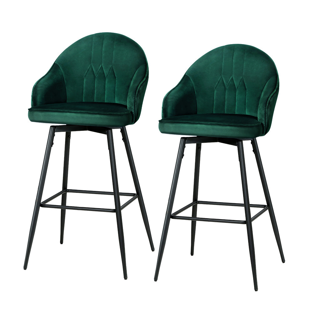 Artiss 2x Bar Stools Velvet Swivel Metal Legs Green - Furniture > Bar Stools & Chairs > Table & Bar Stools