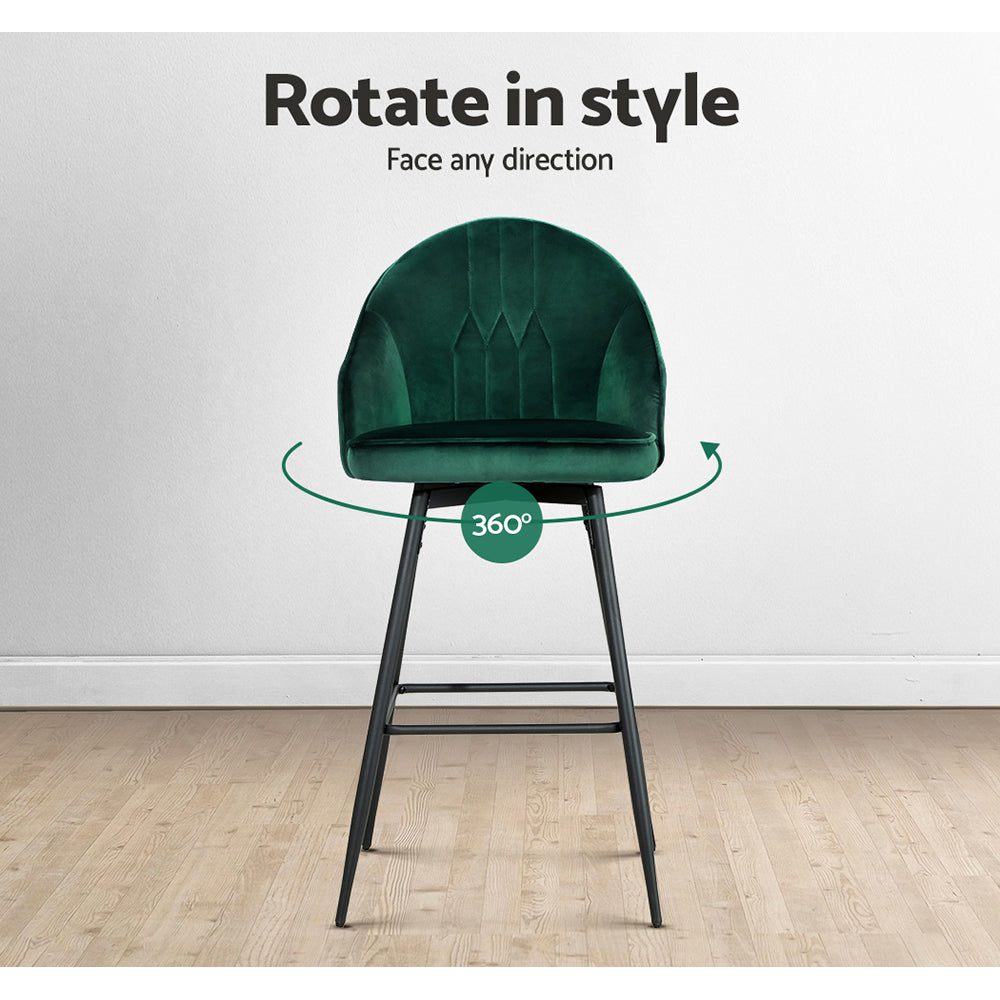 Artiss 2x Bar Stools Velvet Swivel Metal Legs Green - Furniture > Bar Stools & Chairs > Table & Bar Stools