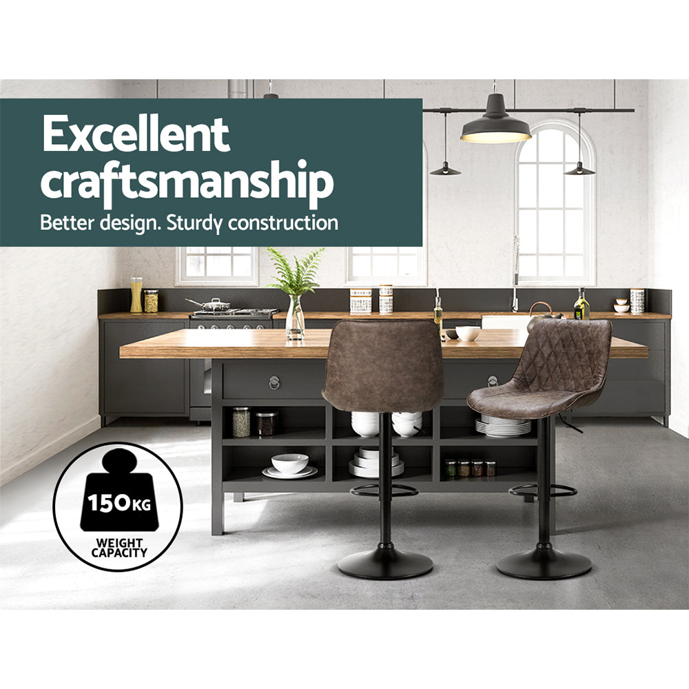 2x Bar Stools Gas Lift Vintage Leather Brown - Furniture > Bar Stools & Chairs > Table & Bar Stools