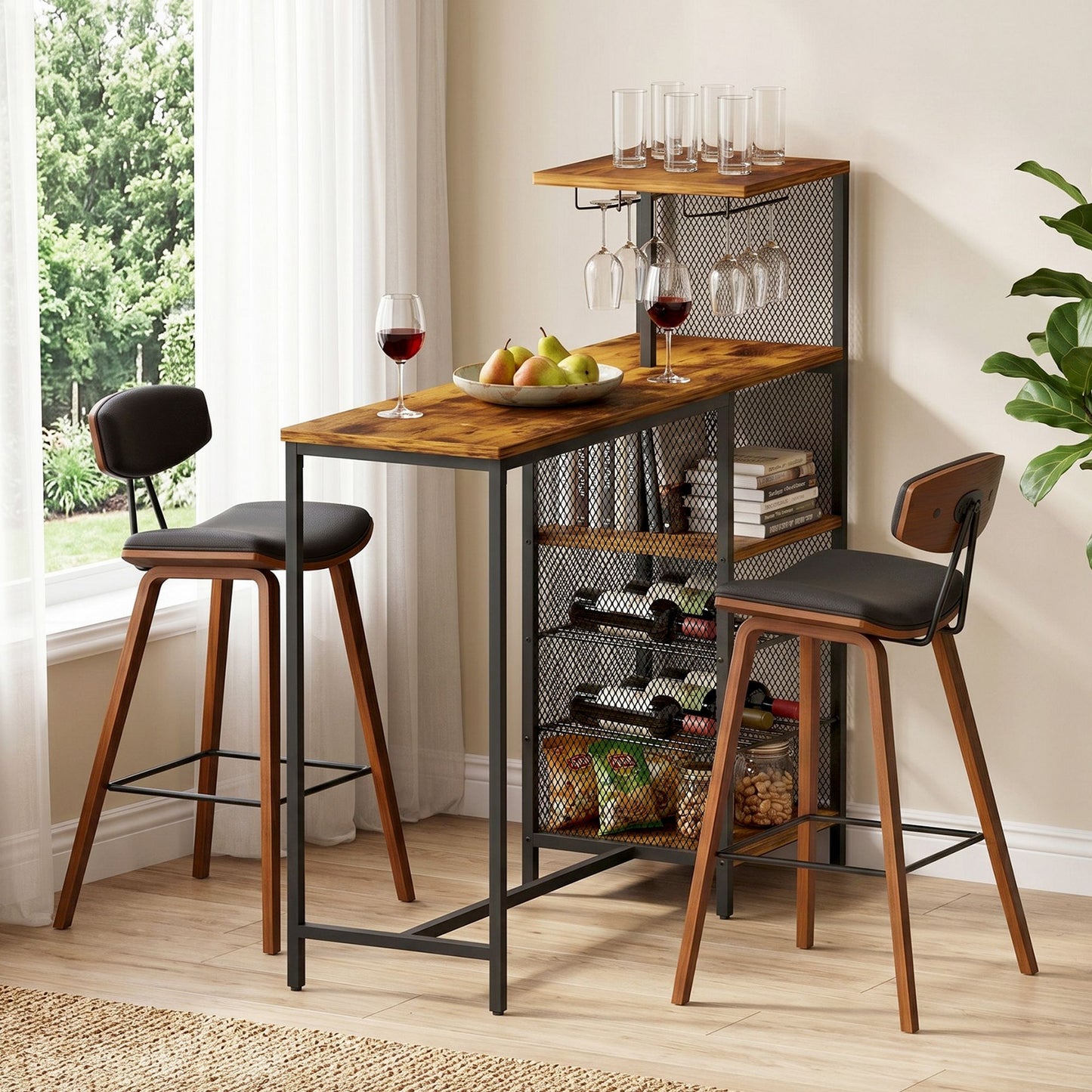 3Pcs Bar Table and Stools Set Dining Table Solid Wood Kitchen Chairs Cafe Pub