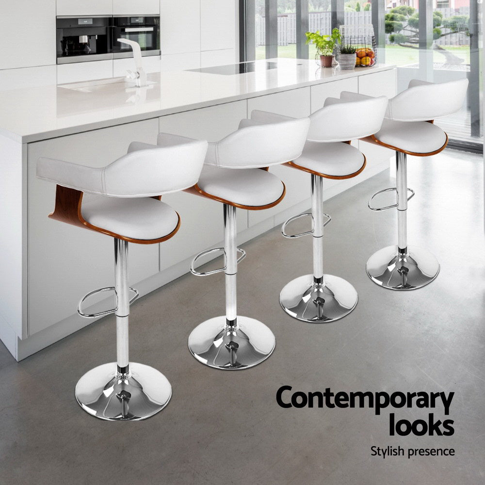 4x Artiss Bar Stools Gas Lift Leather with Armrest White - Furniture > Bar Stools & Chairs > Table & Bar Stools