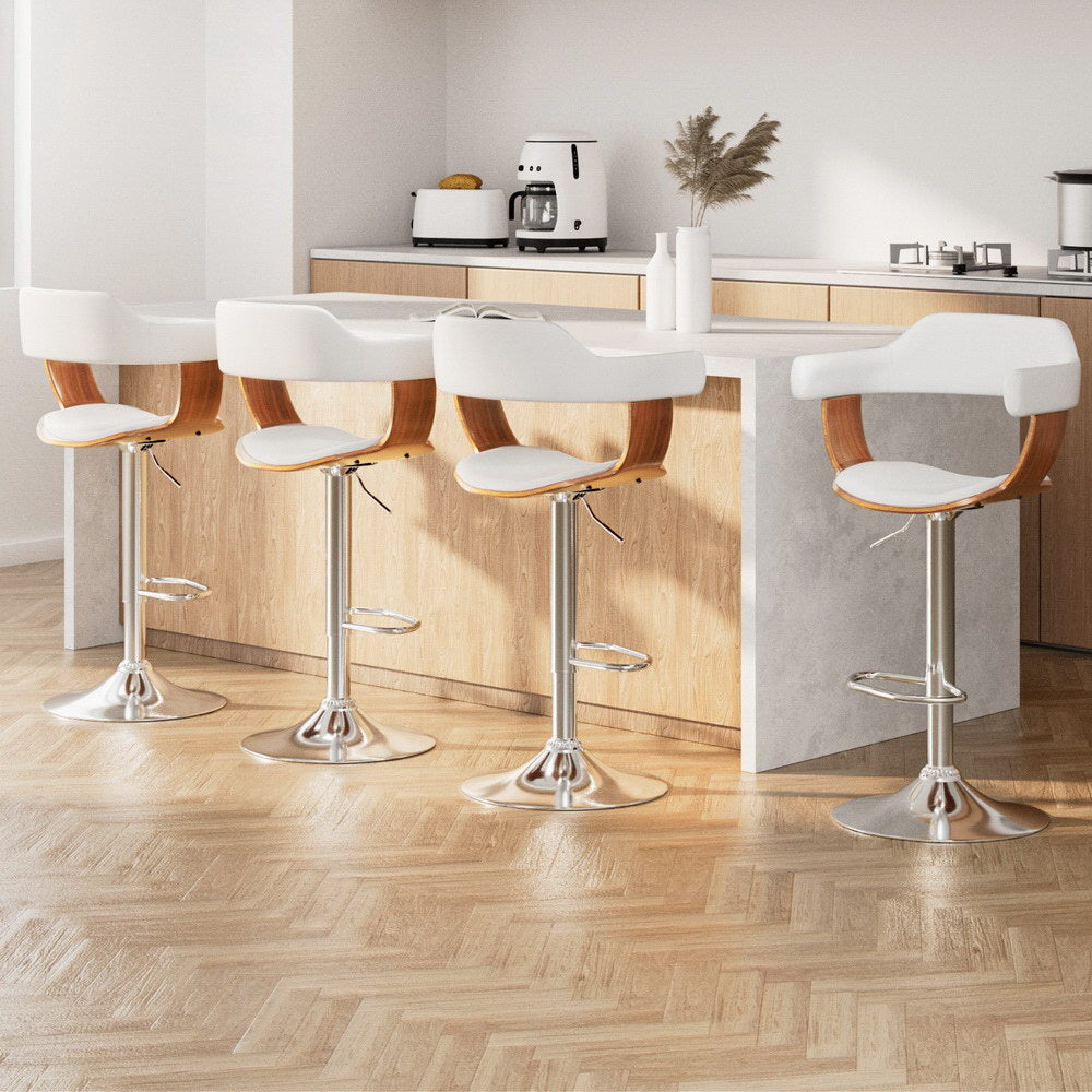 4x Artiss Bar Stools Gas Lift Leather with Armrest White - Furniture > Bar Stools & Chairs > Table & Bar Stools