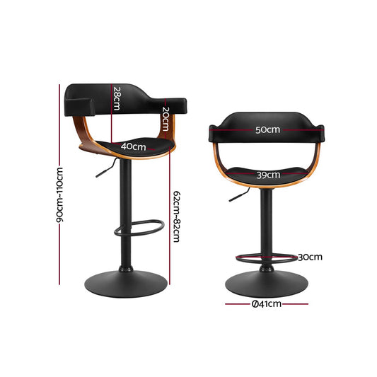 Bar Stools Gas Lift Leather w/Armrest All Black - Furniture > Bar Stools & Chairs