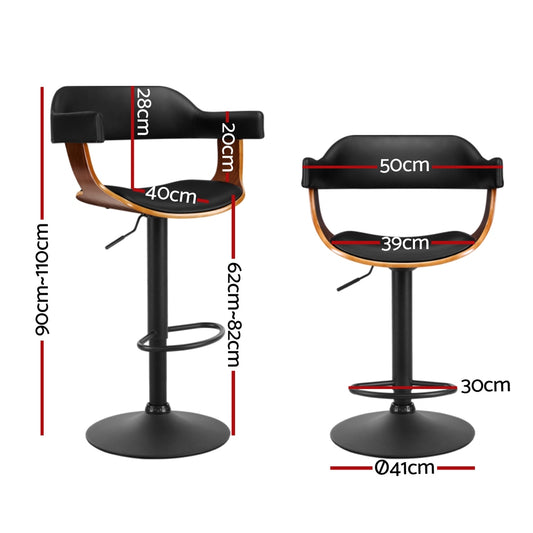 4x Bar Stools Gas Lift Leather w/Armrest All Black - Furniture > Bar Stools & Chairs > Table & Bar Stools