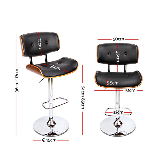 Artiss 2x Bar Stools Gas Lift Leather Black Furniture > Bar Stools & Chairs > Table & Bar Stools