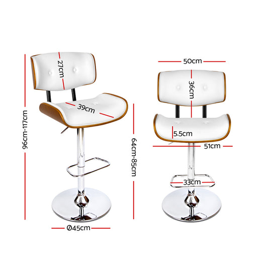 Artiss 2x Bar Stools Gas Lift Leather White Furniture > Bar Stools & Chairs > Table & Bar Stools