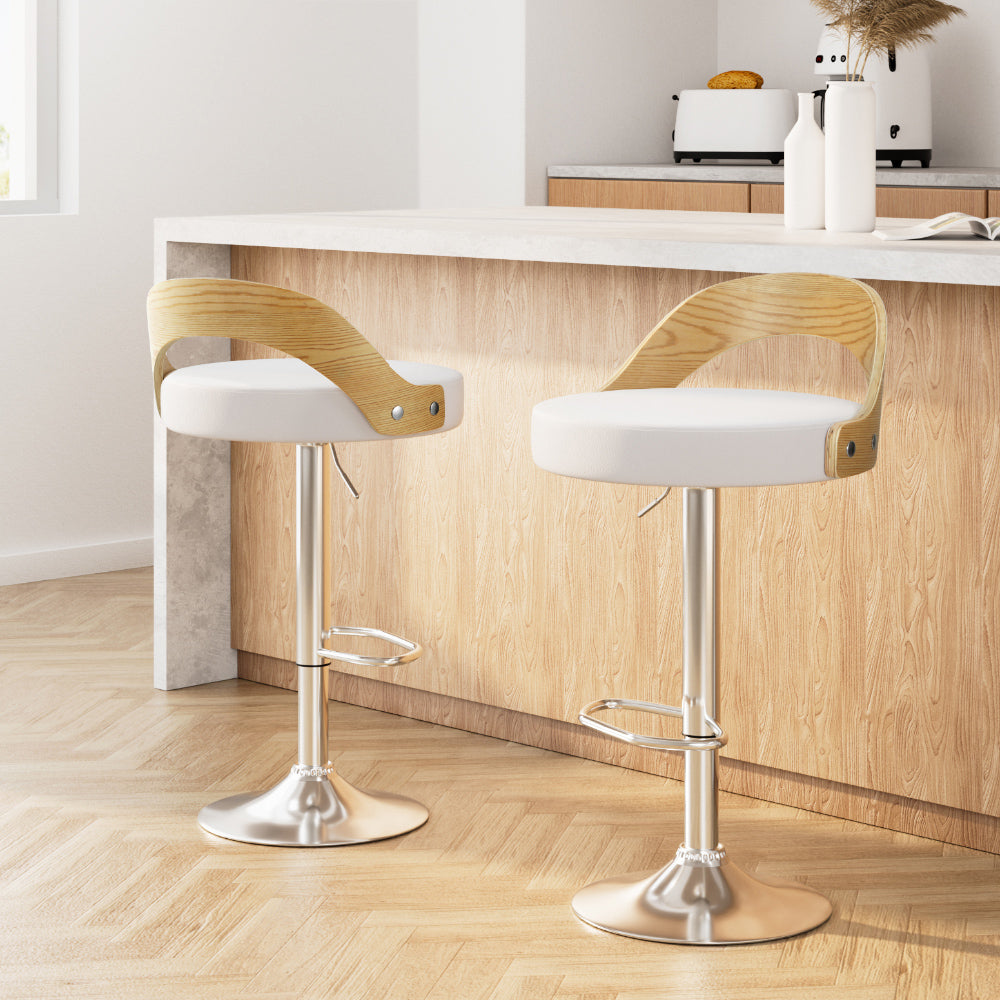 Artiss 2x Bar Stools Adjustable Leather Padded White - Furniture > Bar Stools & Chairs > Table & Bar Stools