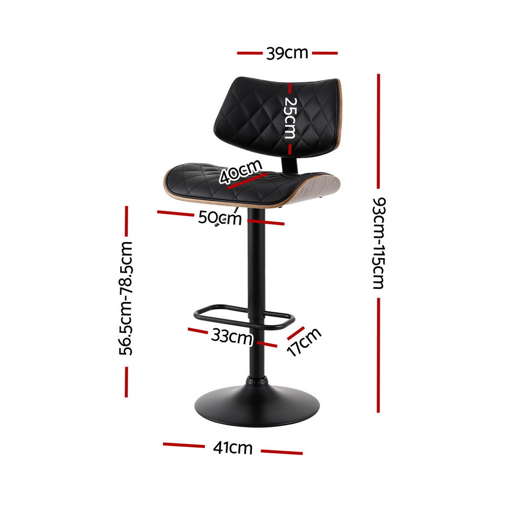 Artiss 2x Bar Stools Kitchen Dining Chairs Gas Lift Stool Wooden Leather Black - Furniture > Bar Stools & Chairs >