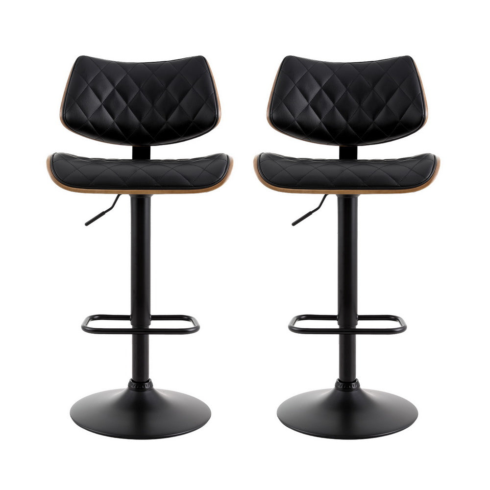 Artiss 2x Bar Stools Kitchen Dining Chairs Gas Lift Stool Wooden Leather Black - Furniture > Bar Stools & Chairs >
