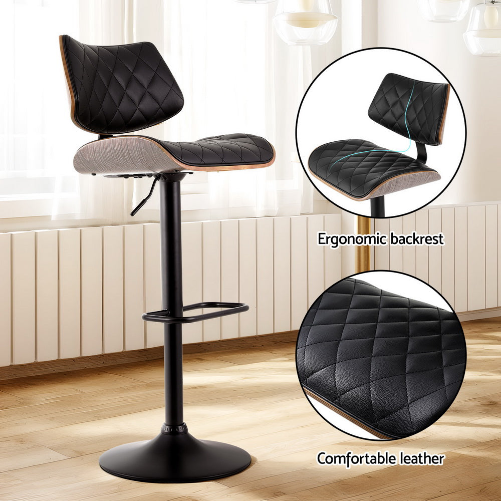 Artiss 2x Bar Stools Kitchen Dining Chairs Gas Lift Stool Wooden Leather Black - Furniture > Bar Stools & Chairs >