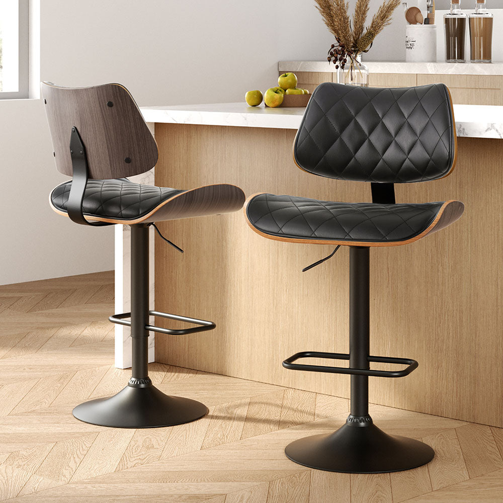 Artiss 2x Bar Stools Kitchen Dining Chairs Gas Lift Stool Wooden Leather Black - Furniture > Bar Stools & Chairs >