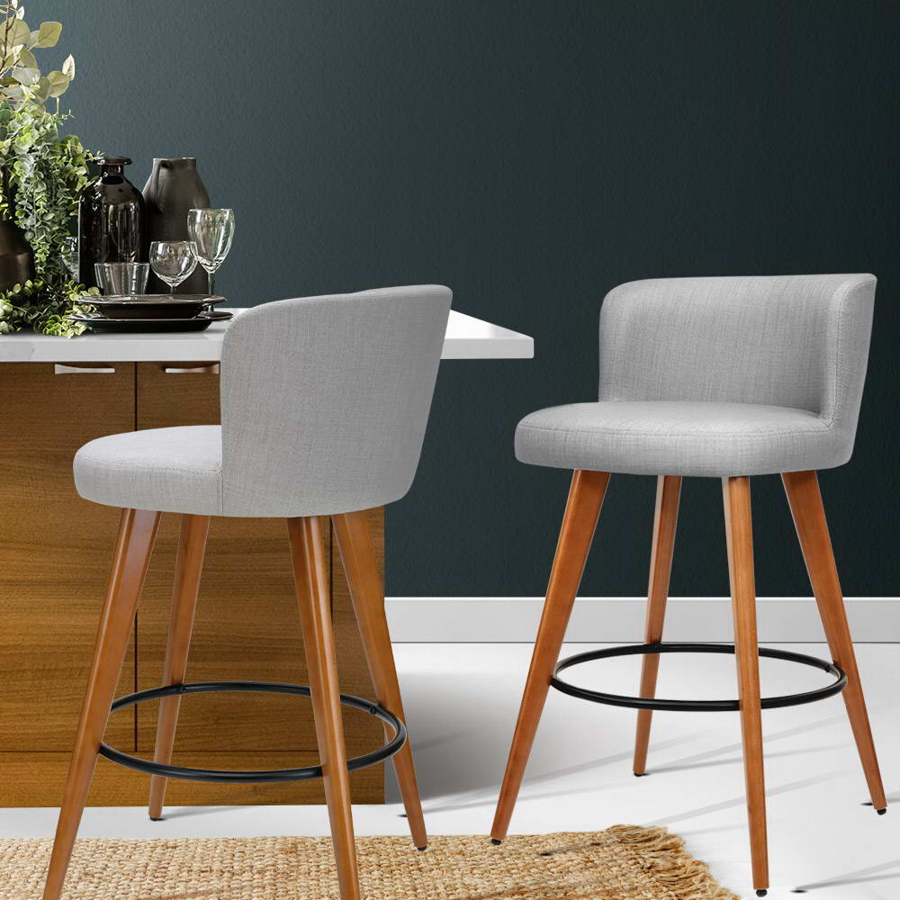 Artiss 2x Bar Stools Linen Padded Wooden Grey - Furniture > Bar Stools & Chairs > Table & Bar Stools