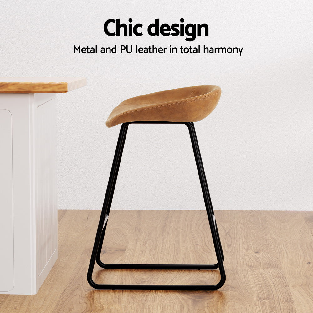 Artiss 2x Bar Stools Kitchen Dining Chairs Counter Stool PU Leather Metal Brown - Furniture > Bar Stools & Chairs >