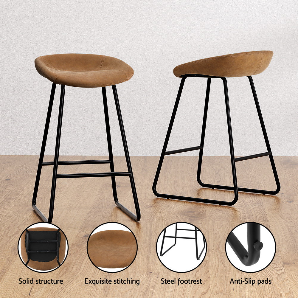 Artiss 2x Bar Stools Kitchen Dining Chairs Counter Stool PU Leather Metal Brown - Furniture > Bar Stools & Chairs >