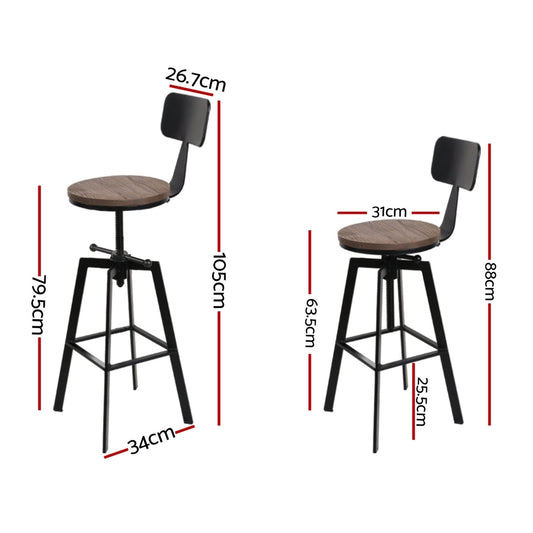 4x Bar Stools Kitchen Dining Chairs Adjustable Wood Stool w/Backrest - Furniture > Bar Stools & Chairs > Table & Bar