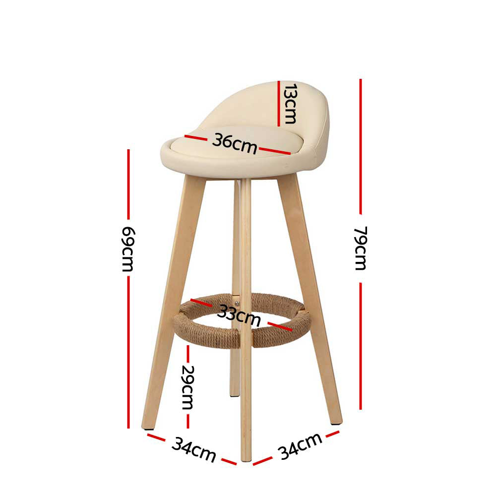 Artiss 2x Bar Stools Padded Leather Wooden Beige Furniture > Bar Stools & Chairs > Table & Bar Stools