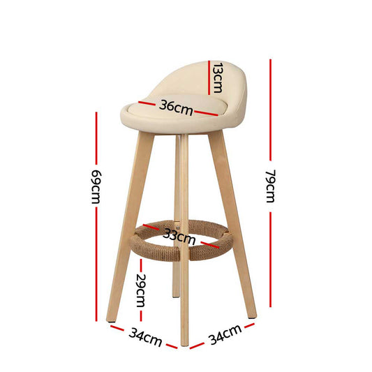 2x Bar Stools Padded Leather Wooden Beige - Furniture > Bar Stools & Chairs > Table & Bar Stools