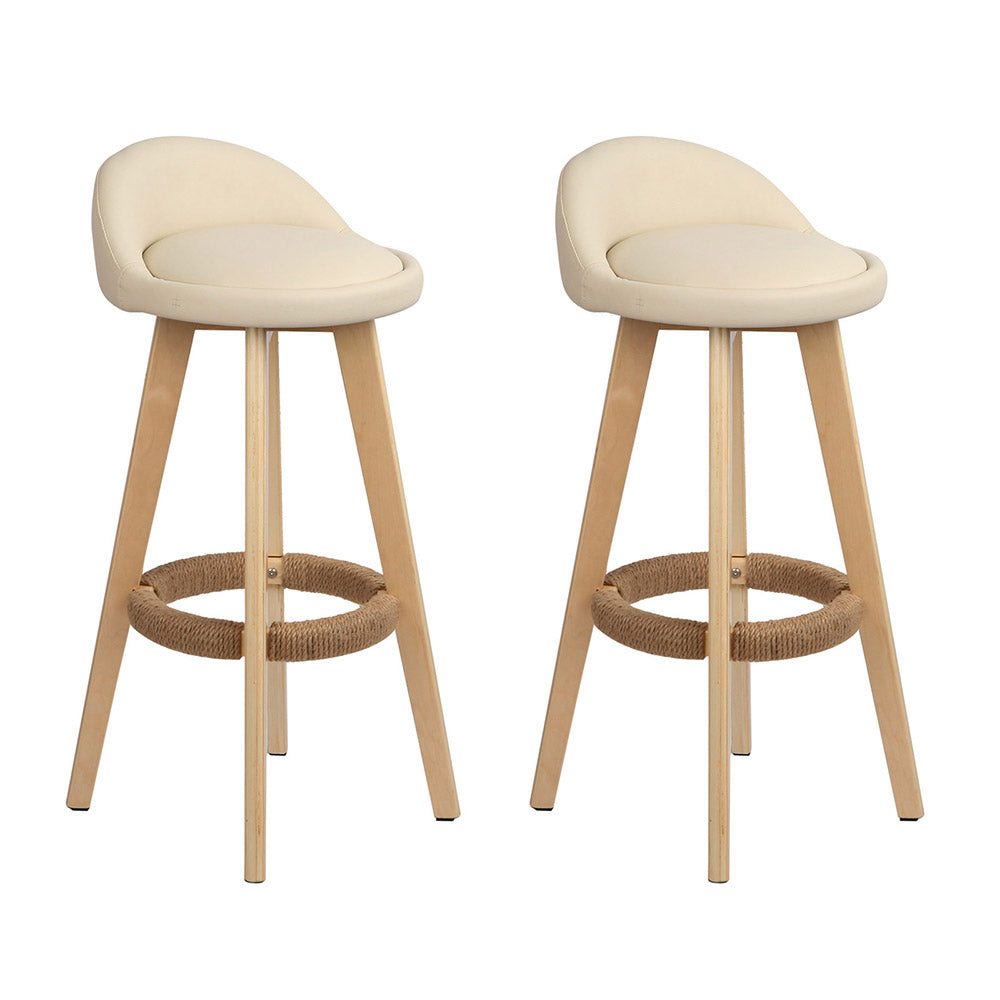 Artiss 2x Bar Stools Padded Leather Wooden Beige Furniture > Bar Stools & Chairs > Table & Bar Stools