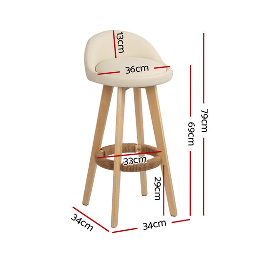4x Bar Stools Padded Leather Wooden Beige - Furniture > Bar Stools & Chairs > Table & Bar Stools