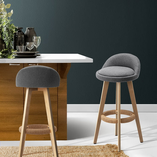 2x Bar Stools Padded Linen Wooden Grey - Furniture > Bar Stools & Chairs > Table & Bar Stools