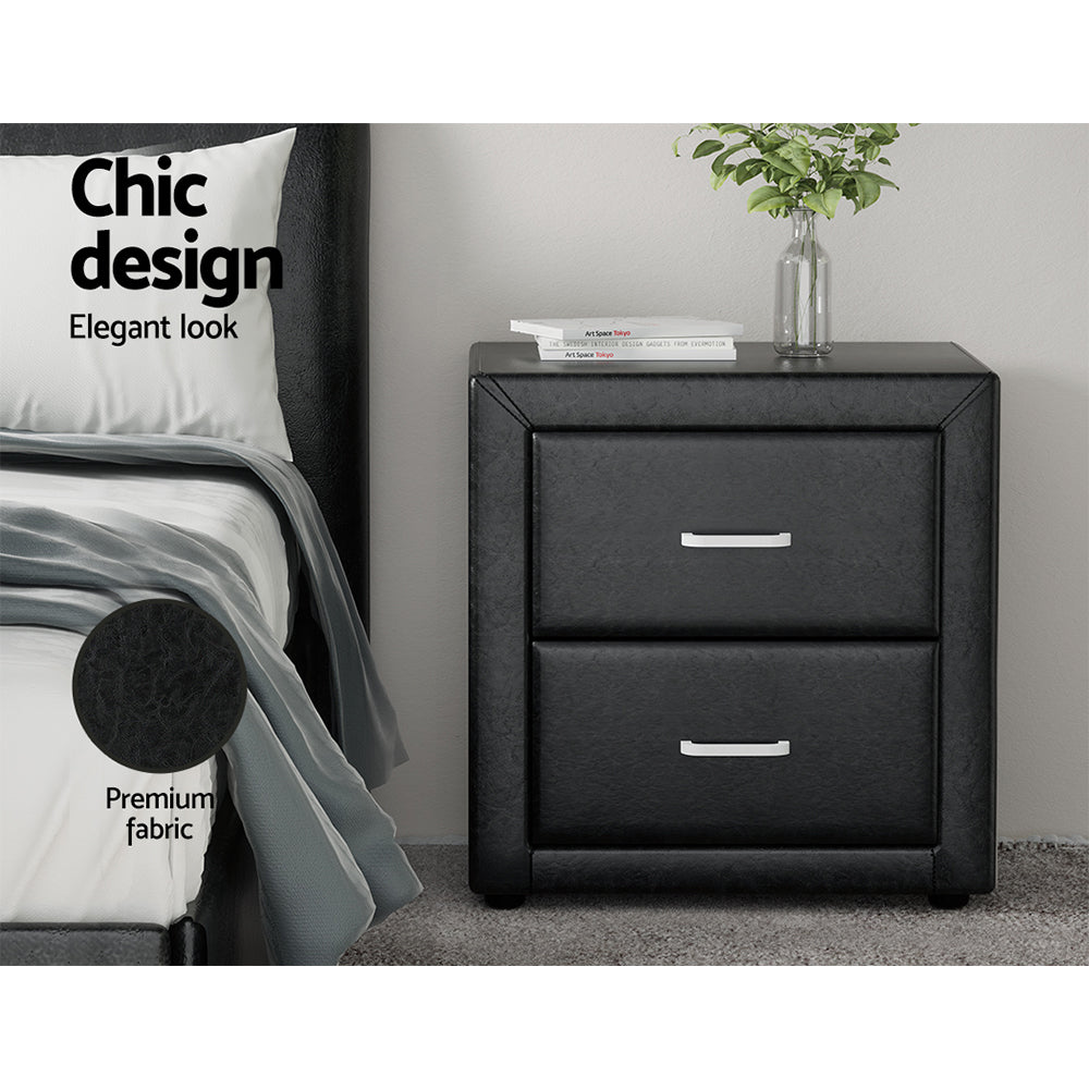 Artiss Bedside Table 2 Drawers Side Table Leather - CADEN Black - Furniture > Bedroom > Bedside Tables