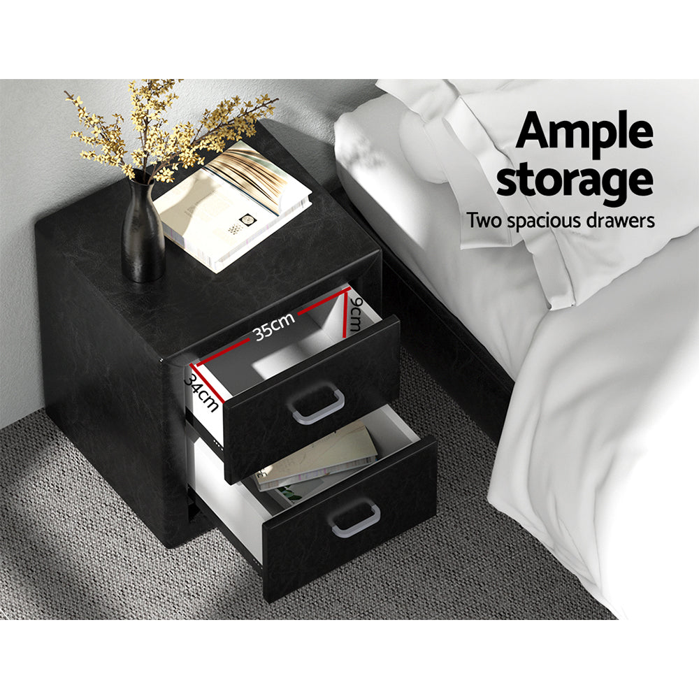 Artiss Bedside Table 2 Drawers Side Table Leather - CADEN Black - Furniture > Bedroom > Bedside Tables