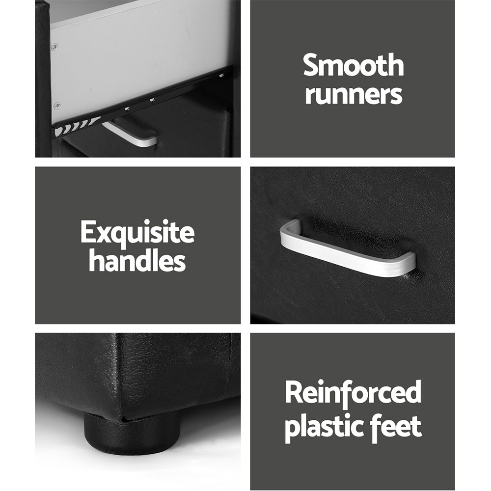 Artiss Bedside Table 2 Drawers Side Table Leather - CADEN Black - Furniture > Bedroom > Bedside Tables