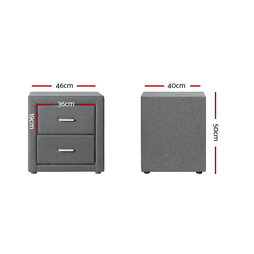 Artiss Bedside Table 2 Drawers Fabric - CADEN Grey - Furniture > Bedroom > Bedside Tables