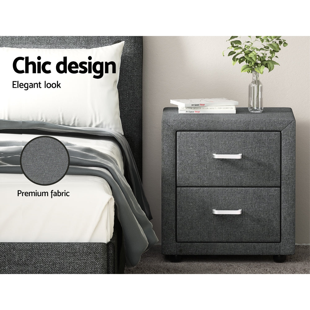 Artiss Bedside Table 2 Drawers Fabric - CADEN Grey - Furniture > Bedroom > Bedside Tables