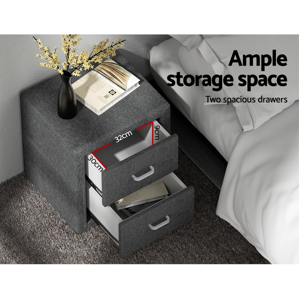Artiss Bedside Table 2 Drawers Fabric - CADEN Grey - Furniture > Bedroom > Bedside Tables