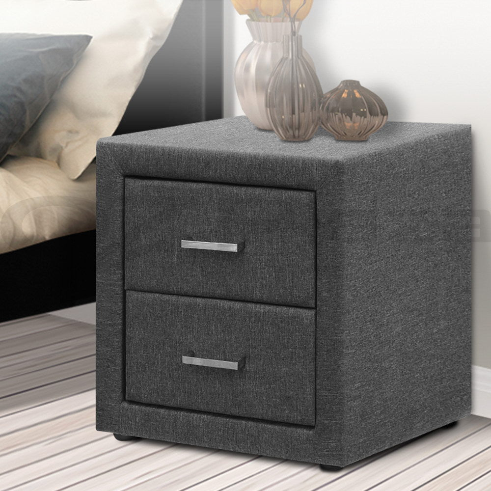 Artiss Bedside Table 2 Drawers Fabric - CADEN Grey - Furniture > Bedroom > Bedside Tables
