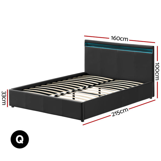 Artiss Bed Frame Queen Size LED Gas Lift Black COLE Furniture > Bedroom > Beds & Bed Frames