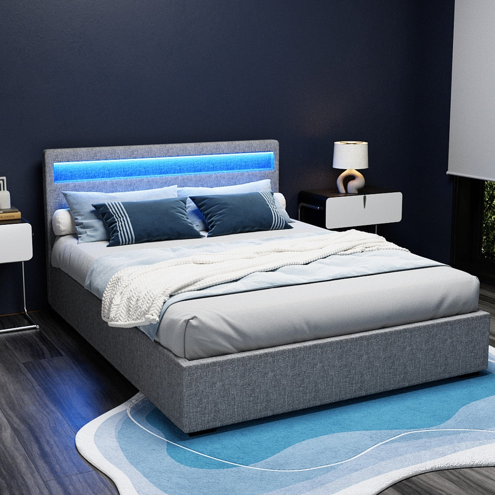 Artiss Bed Frame Queen Size LED Gas Lift Grey COLE - Furniture > Bedroom > Beds & Bed Frames