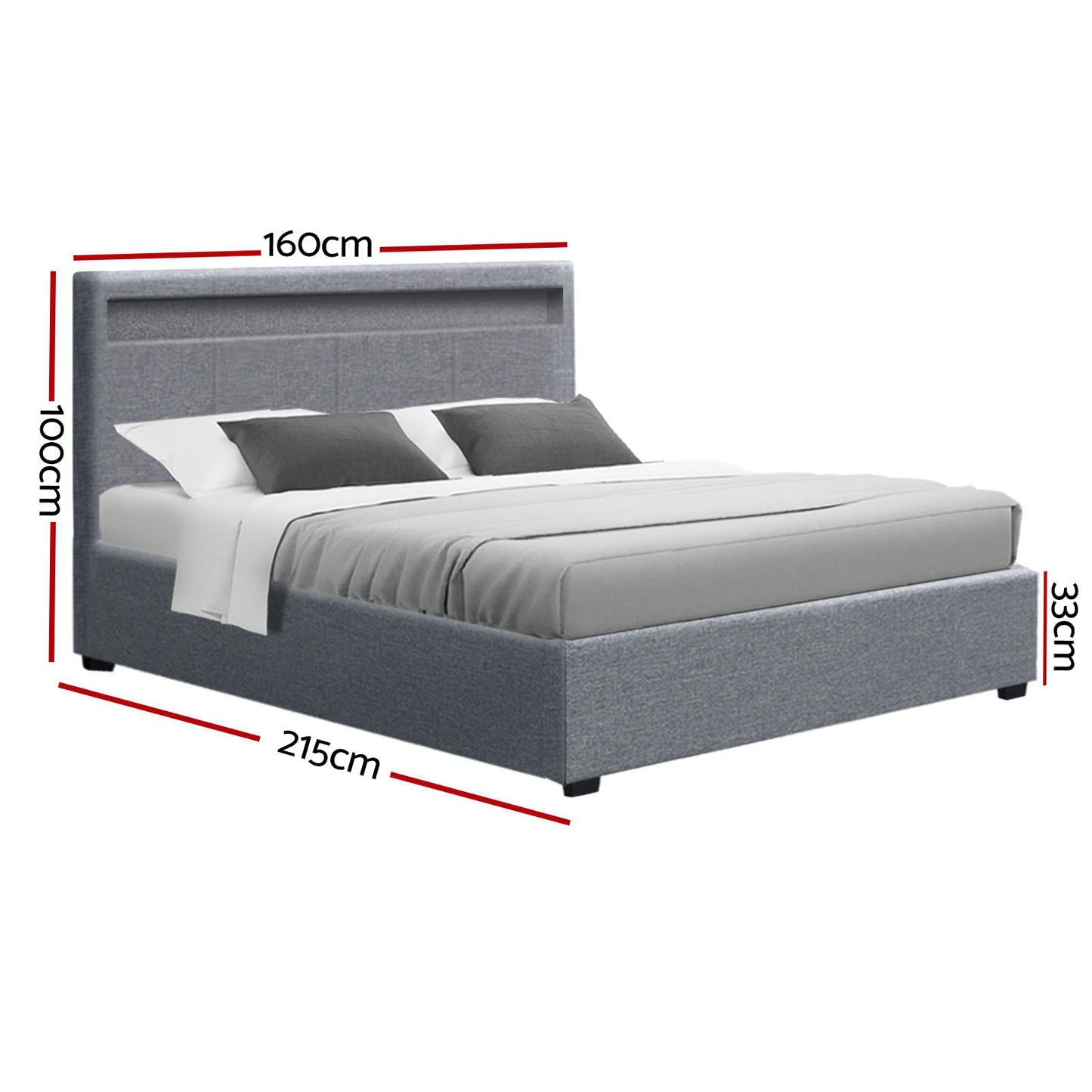 Artiss Bed Frame Queen Size LED Gas Lift Grey COLE - Furniture > Bedroom > Beds & Bed Frames
