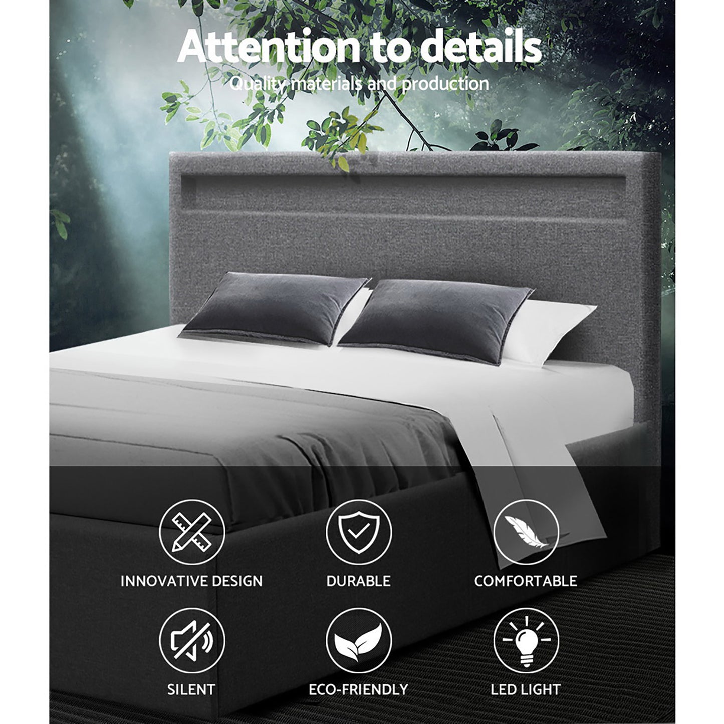Artiss Bed Frame Queen Size LED Gas Lift Grey COLE - Furniture > Bedroom > Beds & Bed Frames