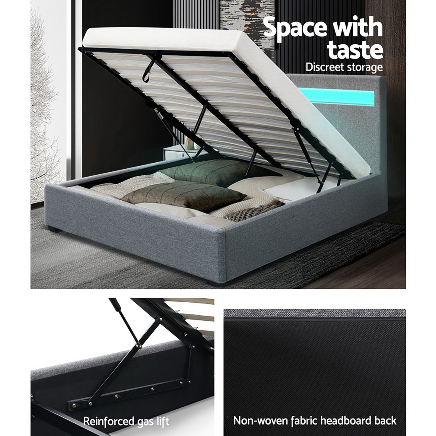 Artiss Bed Frame Queen Size LED Gas Lift Grey COLE - Furniture > Bedroom > Beds & Bed Frames