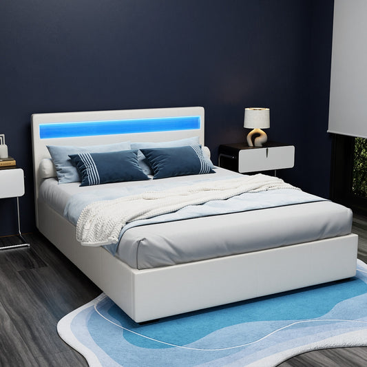 Artiss Bed Frame Queen Size LED Gas Lift White COLE Furniture > Bedroom > Beds & Bed Frames