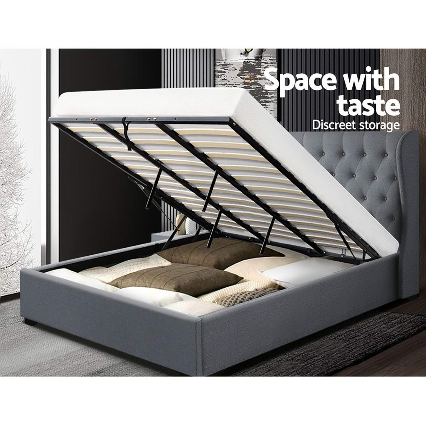 Artiss Bed Frame King Size Gas Lift Grey ISSA Furniture > Bedroom > Beds & Bed Frames