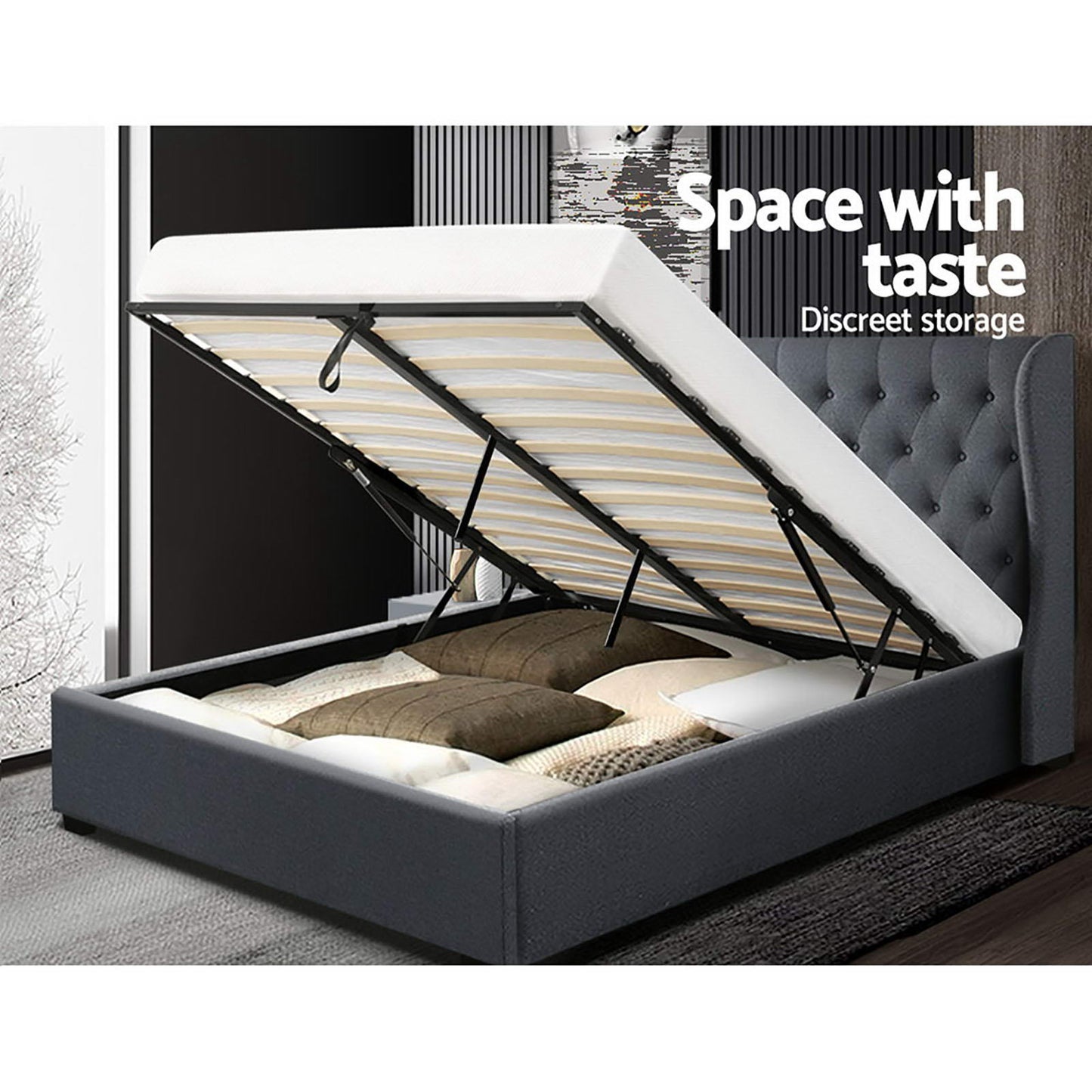 Artiss Bed Frame Queen Size Gas Lift Charcoal ISSA - Furniture > Bedroom > Beds & Bed Frames
