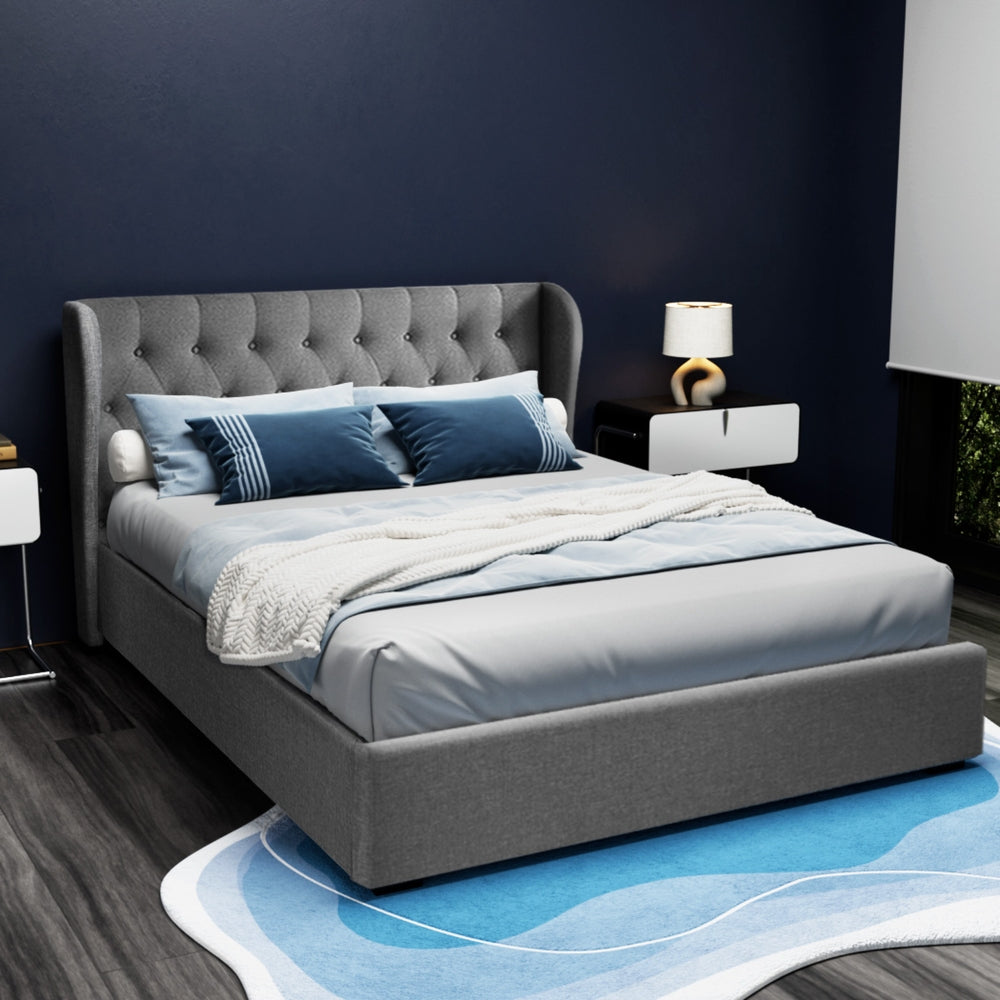 Artiss Bed Frame Queen Size Gas Lift Grey ISSA - Furniture > Bedroom > Beds & Bed Frames