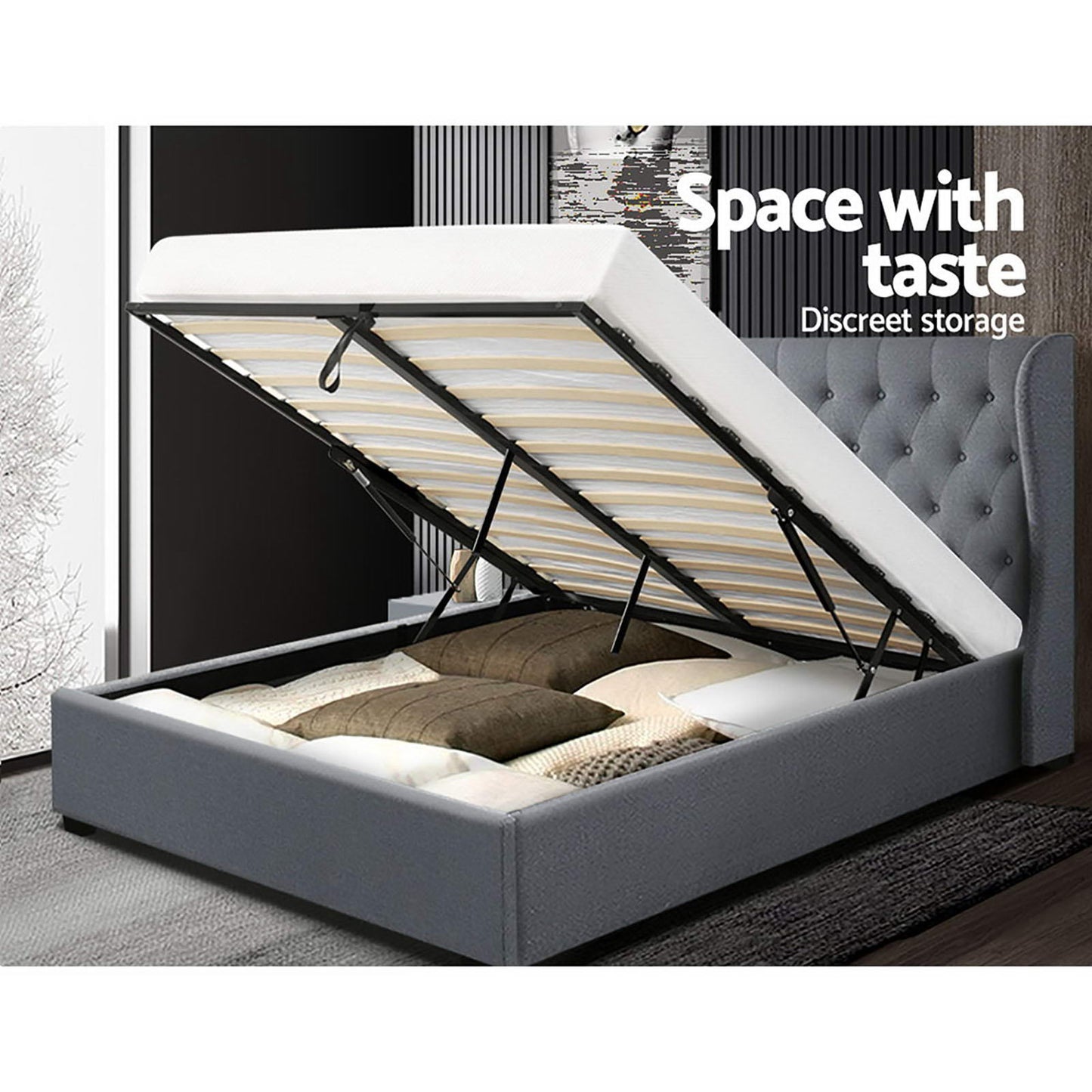 Artiss Bed Frame Queen Size Gas Lift Grey ISSA - Furniture > Bedroom > Beds & Bed Frames