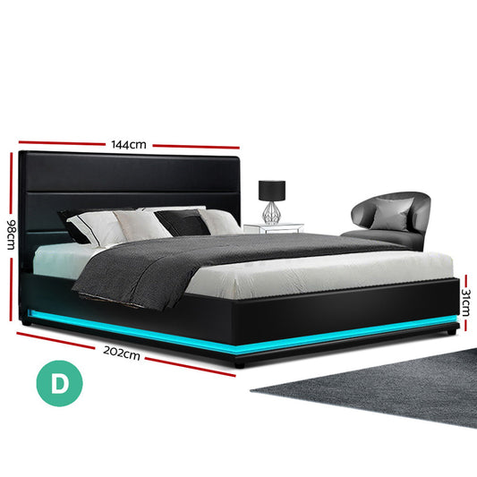 Artiss Bed Frame Double Size LED Gas Lift Black LUMI Furniture > Bedroom > Beds & Bed Frames