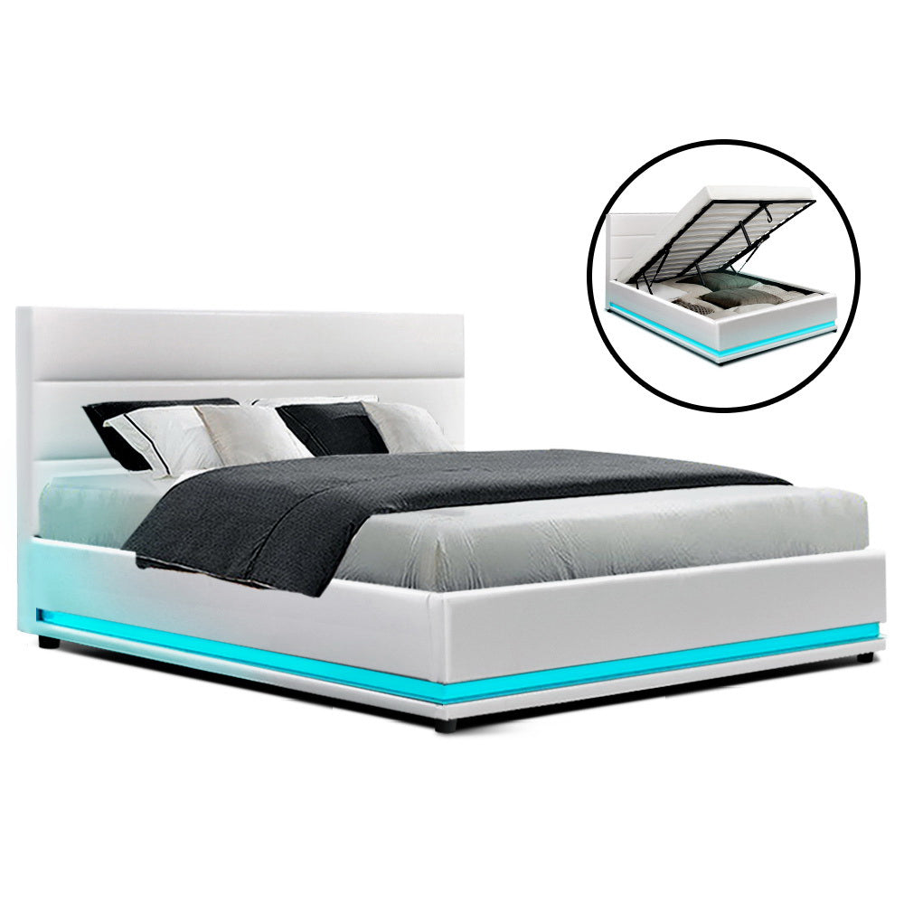 Artiss Bed Frame Double Size LED Gas Lift White LUMI - Furniture > Bedroom > Beds & Bed Frames