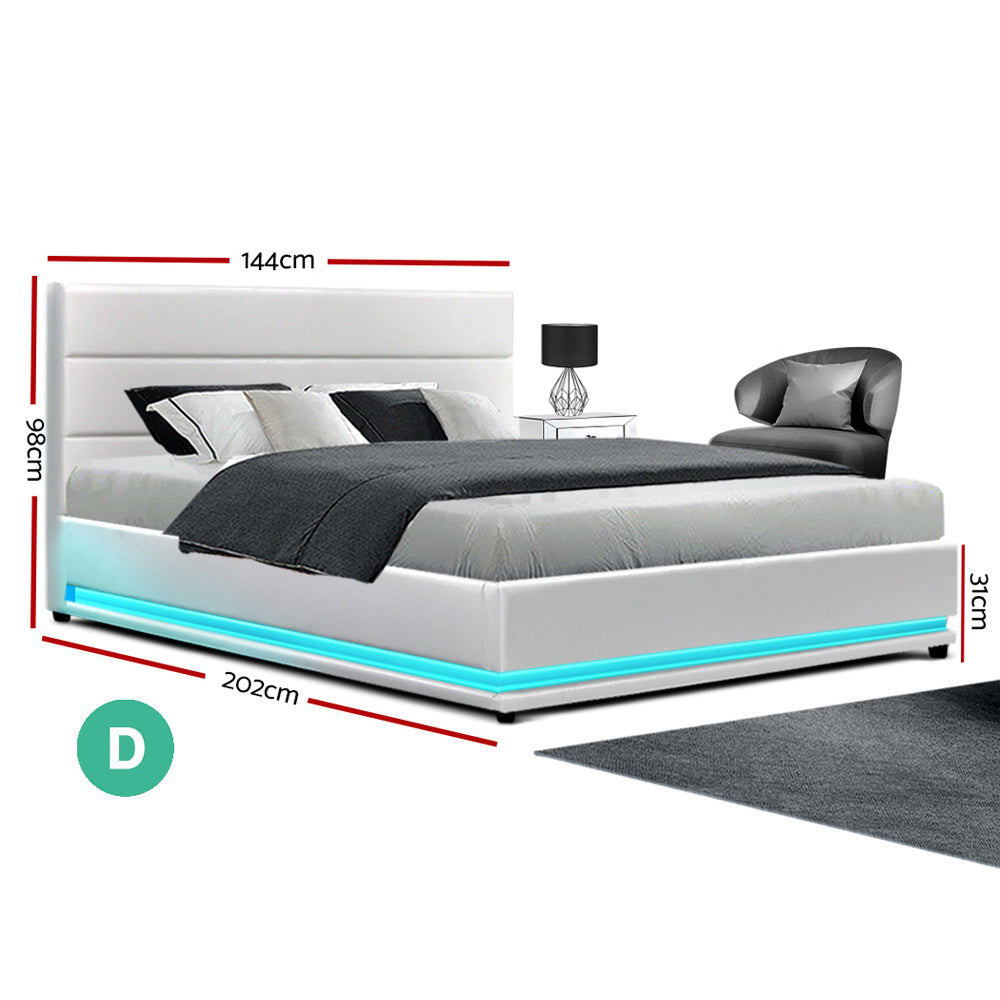 Artiss Bed Frame Double Size LED Gas Lift White LUMI - Furniture > Bedroom > Beds & Bed Frames