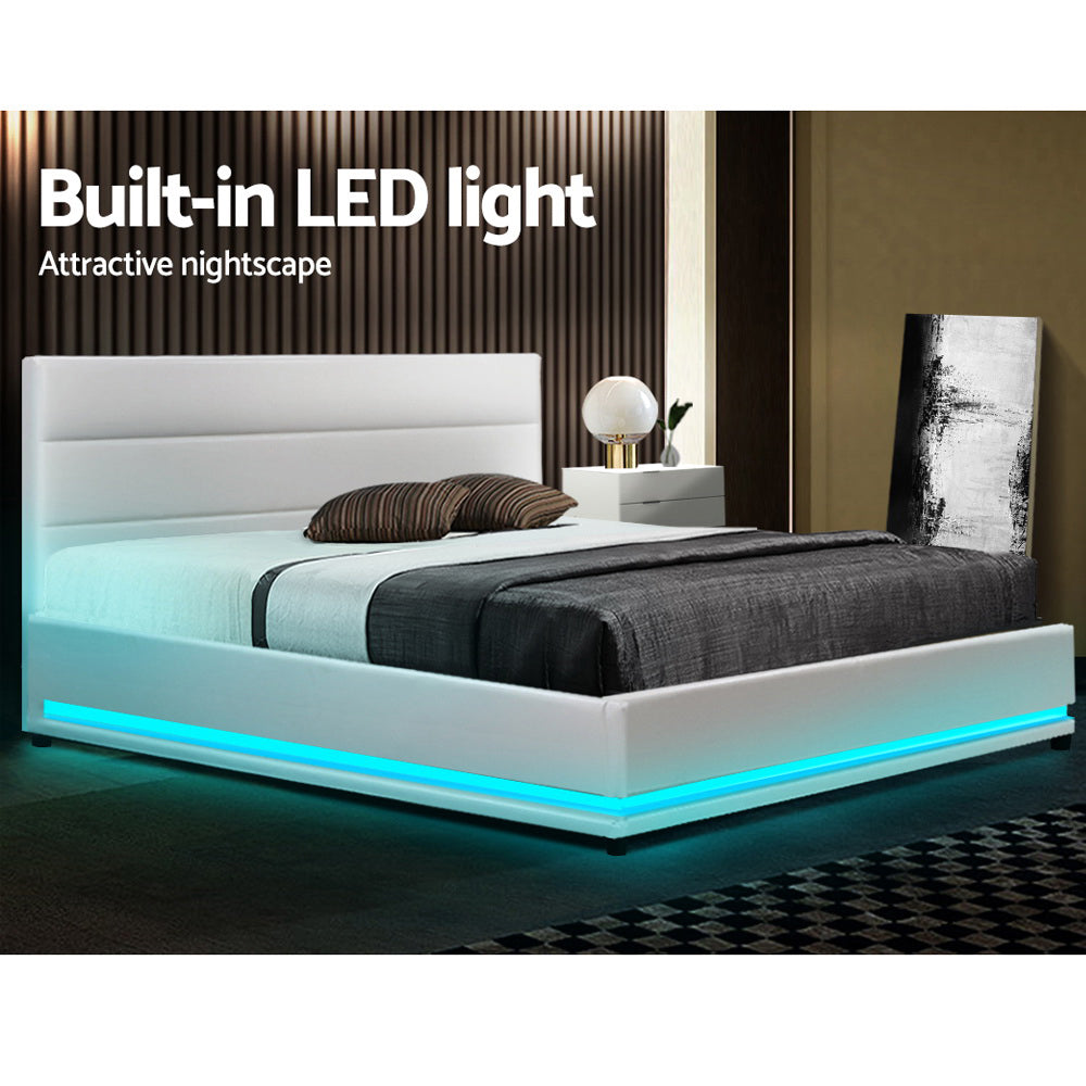 Artiss Bed Frame Double Size LED Gas Lift White LUMI - Furniture > Bedroom > Beds & Bed Frames
