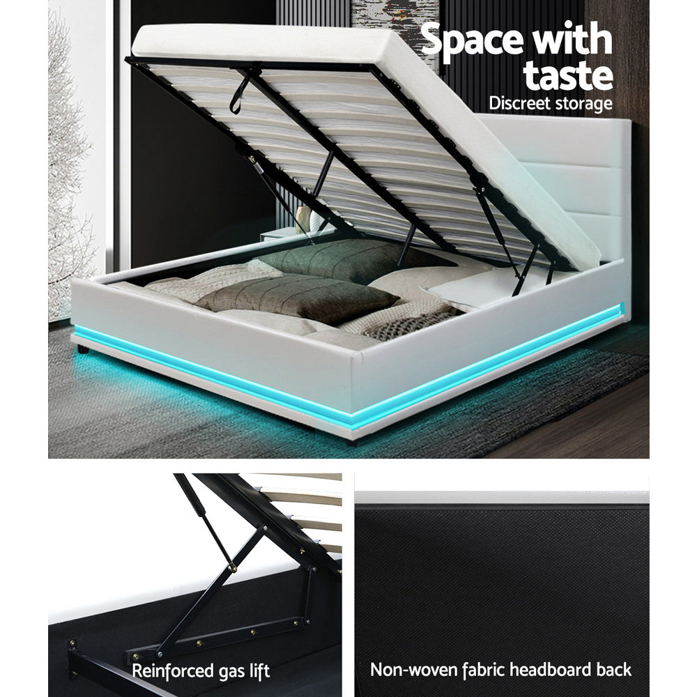 Artiss Bed Frame Double Size LED Gas Lift White LUMI - Furniture > Bedroom > Beds & Bed Frames