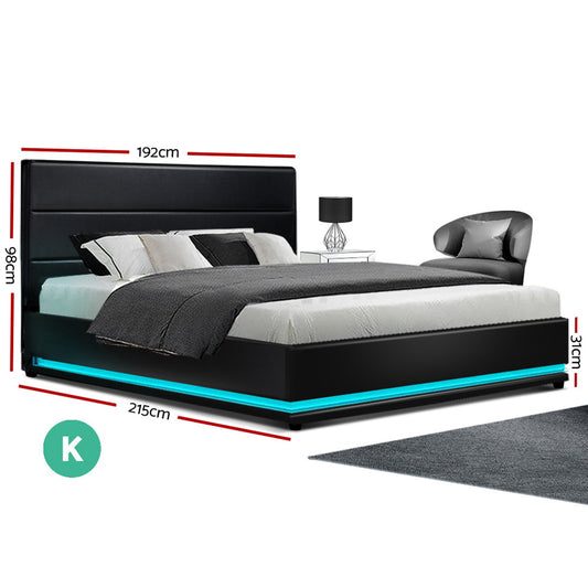 Artiss Bed Frame King Size LED Gas Lift Black LUMI Furniture > Bedroom > Beds & Bed Frames