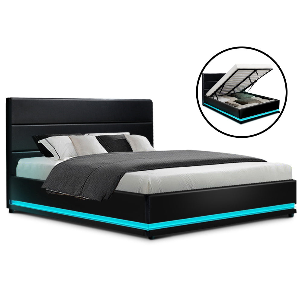Artiss Bed Frame Queen Size LED Gas Lift Black LUMI - Furniture > Bedroom > Beds & Bed Frames