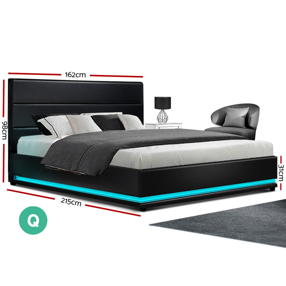 Artiss Bed Frame Queen Size LED Gas Lift Black LUMI - Furniture > Bedroom > Beds & Bed Frames