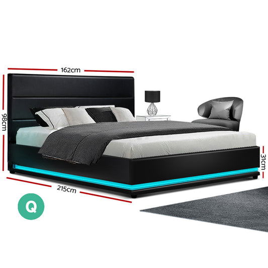 Artiss Bed Frame Queen Size LED Gas Lift Black LUMI Furniture > Bedroom > Beds & Bed Frames